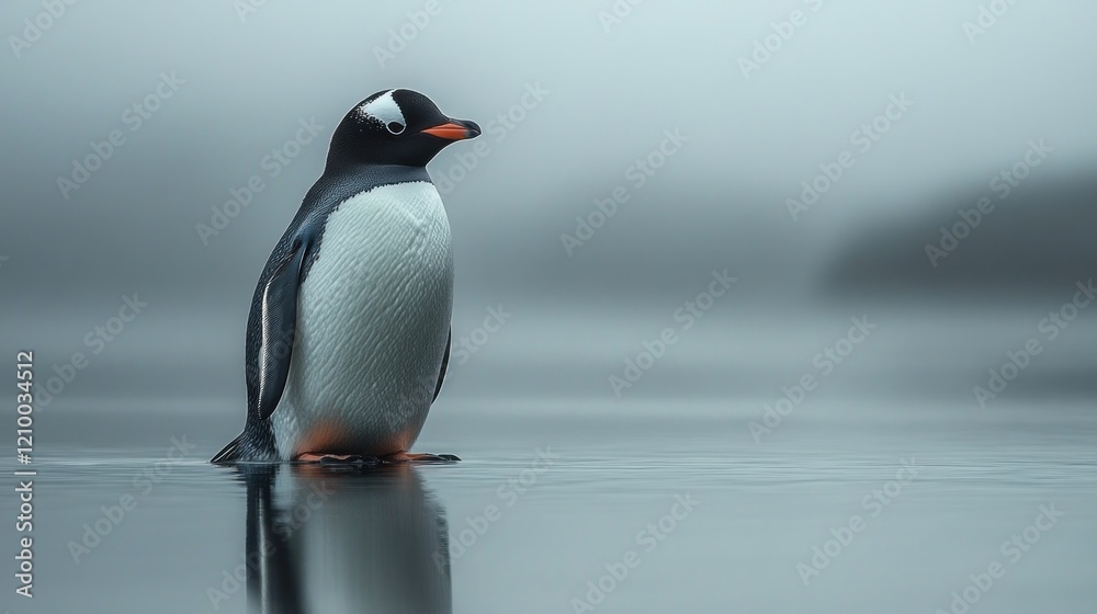 Fototapeta premium Antarctic penguin standing, foggy waters, wildlife documentary