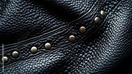 Black Leather Texture: A close-up macro shot of black leather with intricate textured detail, featuring a line of silver studs, evokes a sense of ruggedness and timeless style. photo