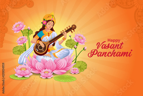vector illustration of Goddess Saraswati for Vasant Panchami Puja of India