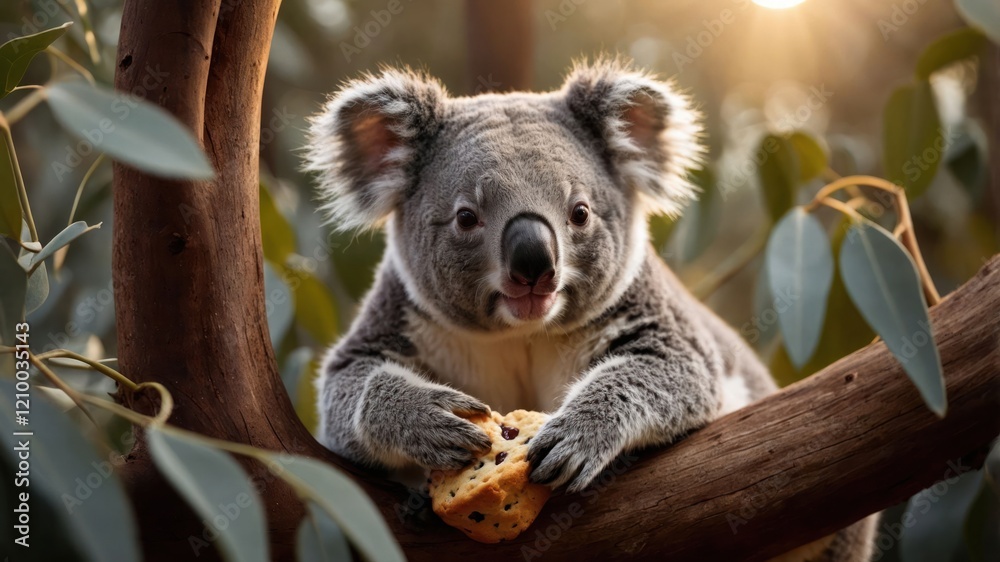 Fototapeta premium A koala perched on a tree branch, enjoying a snack amidst lush foliage.