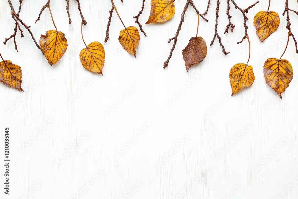 Fototapeta premium A collection of dry, fallen leaves and branches arranged artistically on a light background, creating an autumn-themed composition.