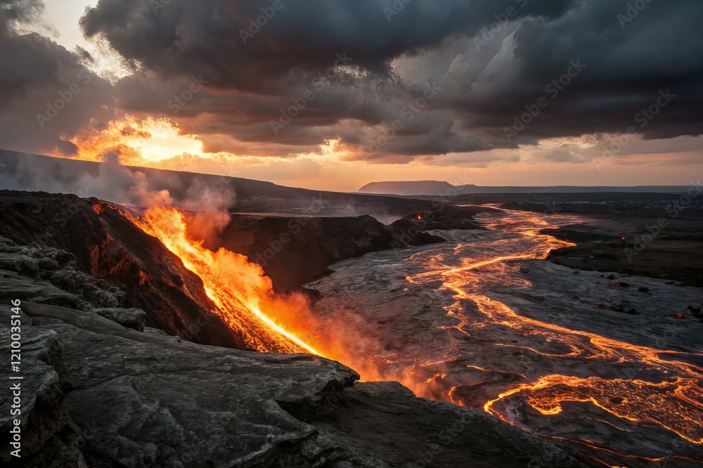 Fototapeta premium Volcanic lava flow, glowing molten rock
