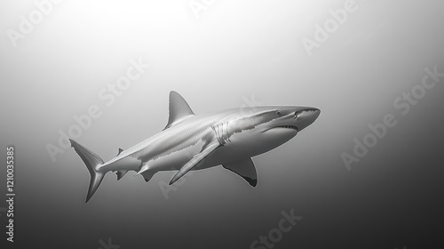 Ocean shark swimming, monochrome, underwater, dark background, wildlife documentary