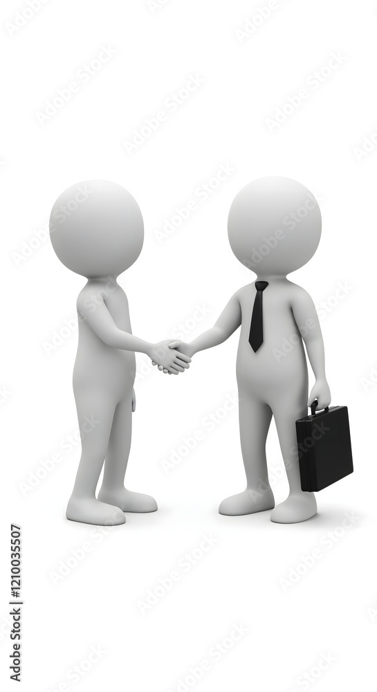 Professional handshake between two 3d humans, one holding a black briefcase, representing teamwork, collaboration and a successful business agreement in a corporate setting in white background Professional handshake between two 3d humans, one holding a black briefcase, representing teamwork, collaboration and a successful business agreement in a corporate setting in white background