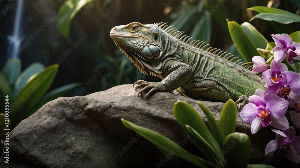 A lizard resting on a rock surrounded by lush green plants and vibrant orchids. A lizard resting on a rock surrounded by lush green plants and vibrant orchids.