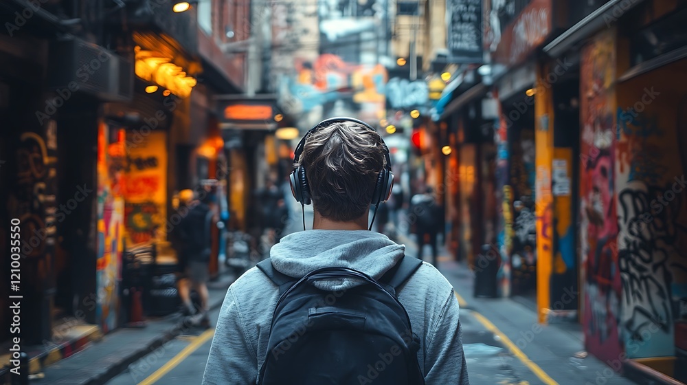A man wearing headphones, walking down a graffiti-filled street, lost in thought. A man wearing headphones, walking down a graffiti-filled street, lost in thought.
