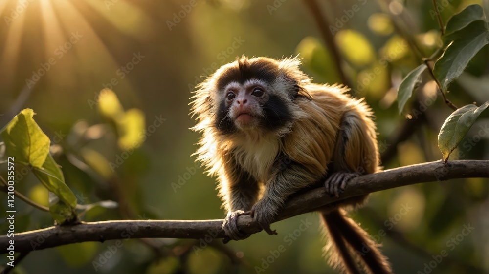 Obraz premium A monkey perched on a branch, illuminated by soft sunlight in a lush environment.