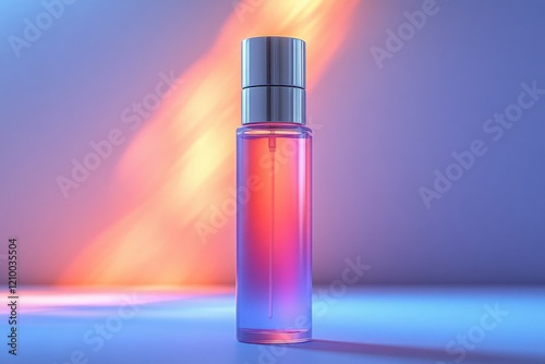Pink perfume bottle studio shot, vibrant light, product display