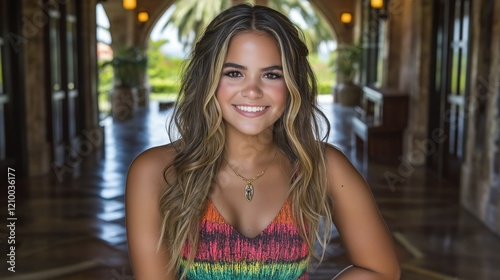 Wallpaper Mural A young woman with long hair smiling brightly while wearing a colorful dress in a beautiful setting. Torontodigital.ca