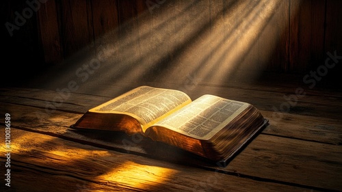 Vintage book illuminated by warm, radiant light beams on wooden surface