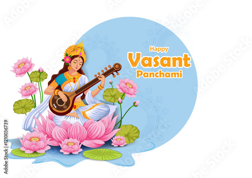 vector illustration of Goddess Saraswati for Vasant Panchami Puja of India