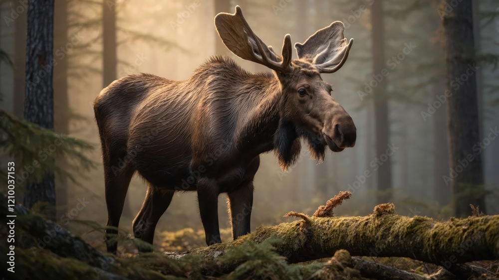 A moose stands in a misty forest, surrounded by trees and soft light filtering through. A moose stands in a misty forest, surrounded by trees and soft light filtering through.