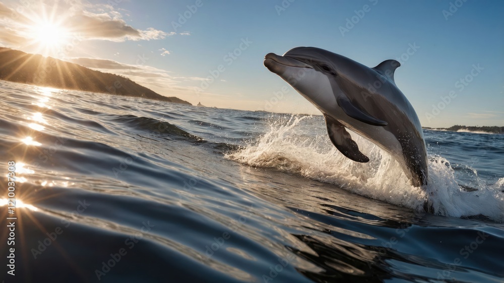 Naklejka premium A dolphin leaps gracefully from the ocean, illuminated by the setting sun.