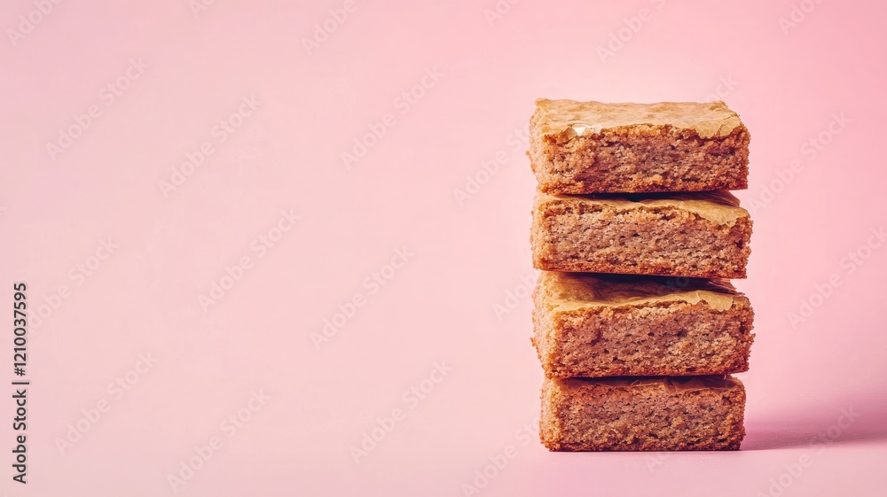 Stack of four square golden-brown baked squares against pink background Stack of four square golden-brown baked squares against pink background