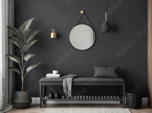 minimalist composition of cosy entryway with grey bench, black consola, hanger and lamp, Charcoal wall photo