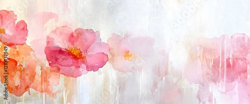 Watercolor coral and pink abstract flowers, horizontal, ideal for spring celebrations, wedding stationery, and feminine brand designs