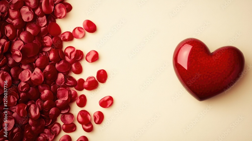 Red heart and scattered red pebbles on beige background