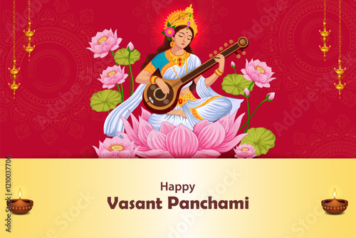 vector illustration of Goddess Saraswati for Vasant Panchami Puja of India