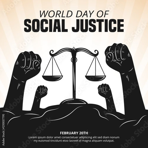 World Day Of Social Justice with raised fist and balance scale