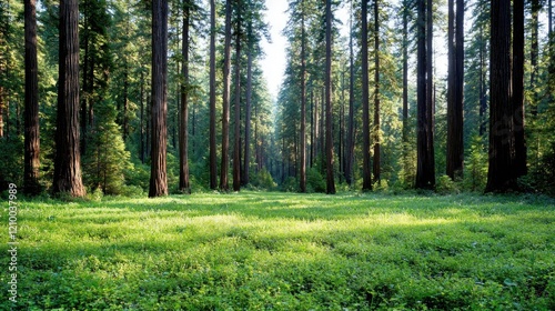 Tall redwood trees stand in a lush green forest clearing with bright sunlight filtering through the canopy.