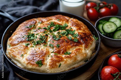 A rustic presentation of baked flatbread garnished with fresh herbs, complemented by vibrant side vegetables, inviting viewers to partake in simple, yet joyful culinary experiences.