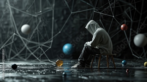 Lonely Hooded Figure Sitting on a Chair in a Futuristic, Abstract Setting with Floating Spheres