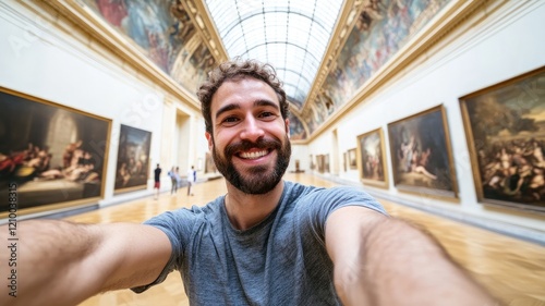Smiling man taking selfie in art gallery