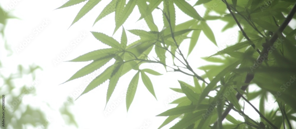 Naklejka premium Misty forest leaves backlit, sunlight, nature