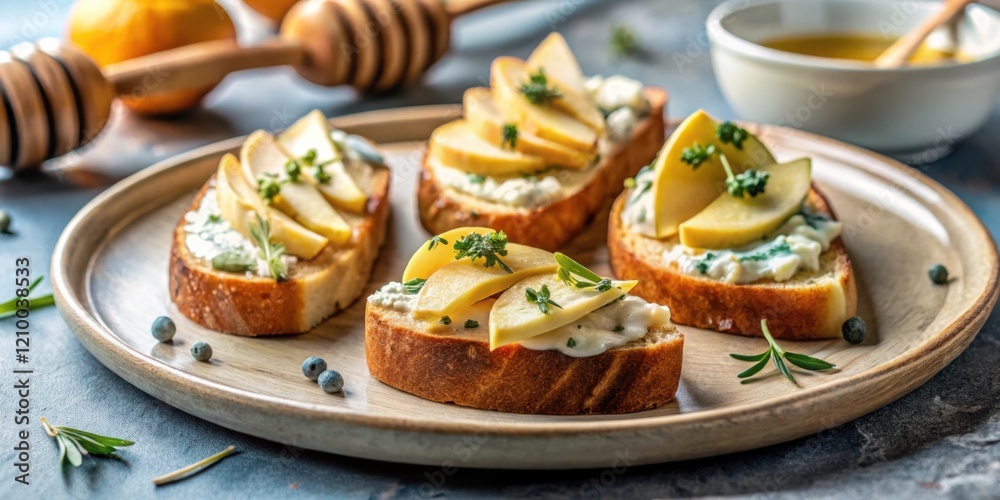 Delicious Toasted Bread with Creamy Spread and Sliced Fruit Topped with Fresh Herbs Served on a Rustic Wooden Plate Delicious Toasted Bread with Creamy Spread and Sliced Fruit Topped with Fresh Herbs Served on a Rustic Wooden Plate