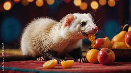 A ferret enjoying fruit on a colorful surface, surrounded by vibrant decor.
