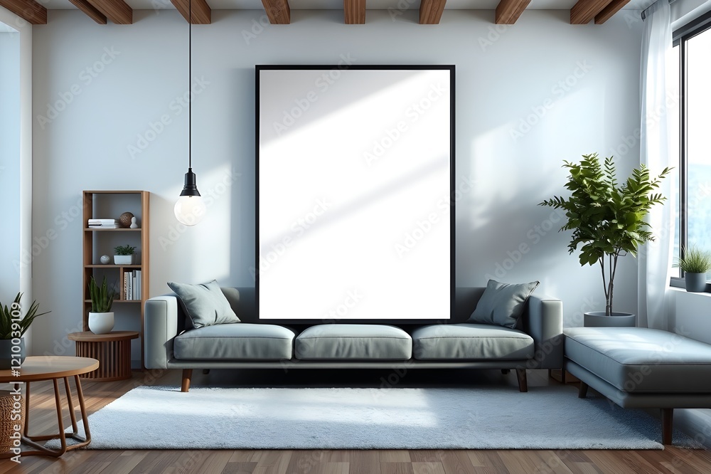 Fototapeta premium Blueprint project draft, frame mockup, wooden nordic living room with parquet and arched walls, sofa, carpet, lamp, rattan table, potted plants. Modern scandinavian interior design, 3d illustration