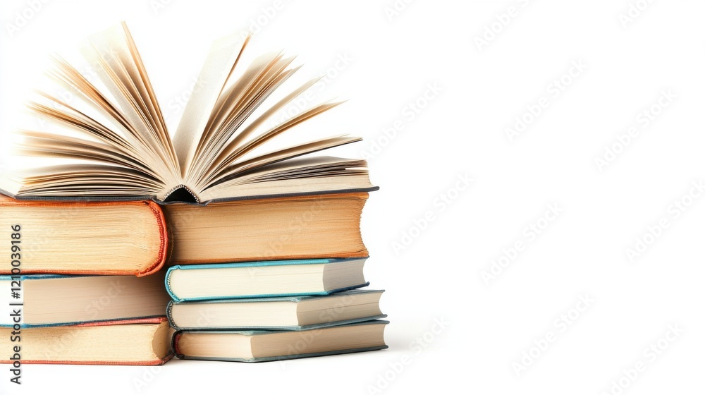 Stacked Books with Opened Book Showcasing Knowledge and Education Stacked Books with Opened Book Showcasing Knowledge and Education