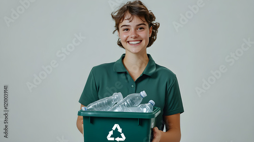 Woman holds box full of plastic bottles for recycling on gray background. Earth day concept.