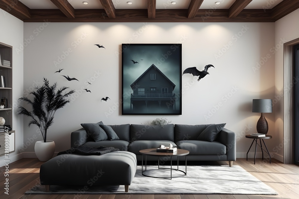 Fototapeta premium Blueprint project draft, frame mockup, wooden nordic living room with parquet and arched walls, sofa, carpet, lamp, rattan table, potted plants. Modern scandinavian interior design, 3d illustration