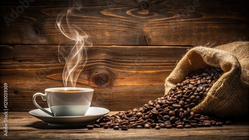 Cozy cup of coffee with heart-shaped steam rising from a burlap sack containing coffee beans on an old wooden background