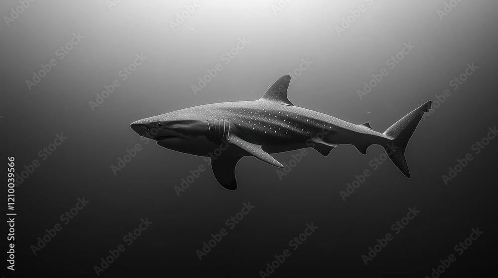 Fototapeta premium Oceanic shark swimming, dark underwater background, monochrome, wildlife documentary