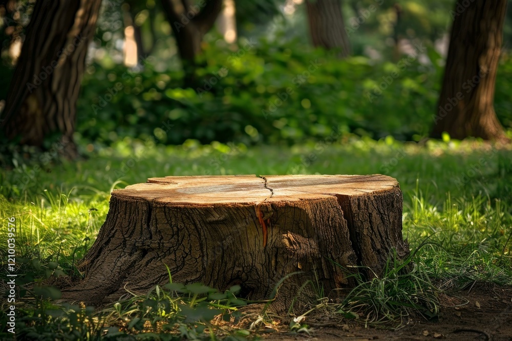 Close up of a tree stump in a forest clearing, highlighting the texture of the wood and the surrounding greenery Close up of a tree stump in a forest clearing, highlighting the texture of the wood and the surrounding greenery