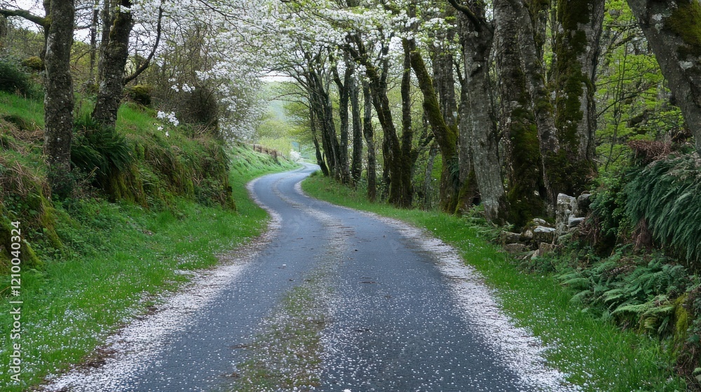 Obraz premium Serene Country Road in Spring Blossom