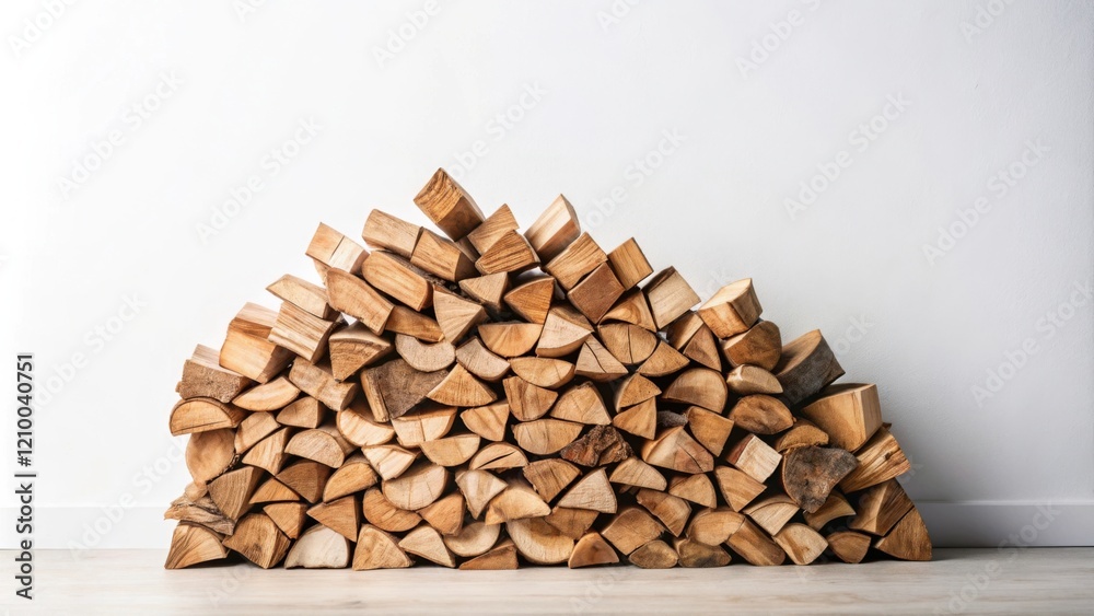 A neatly stacked pile of seasoned firewood rests against a minimalist white wall, ready for a cozy winter's evening A neatly stacked pile of seasoned firewood rests against a minimalist white wall, ready for a cozy winter's evening