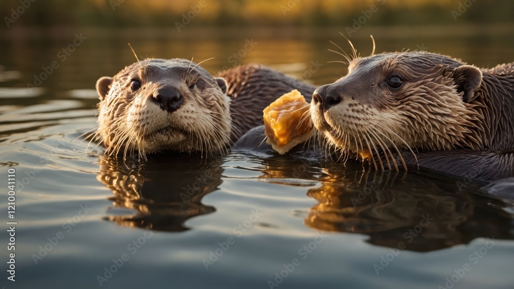 Two otters floating in water, enjoying a snack, with a serene background. Two otters floating in water, enjoying a snack, with a serene background.
