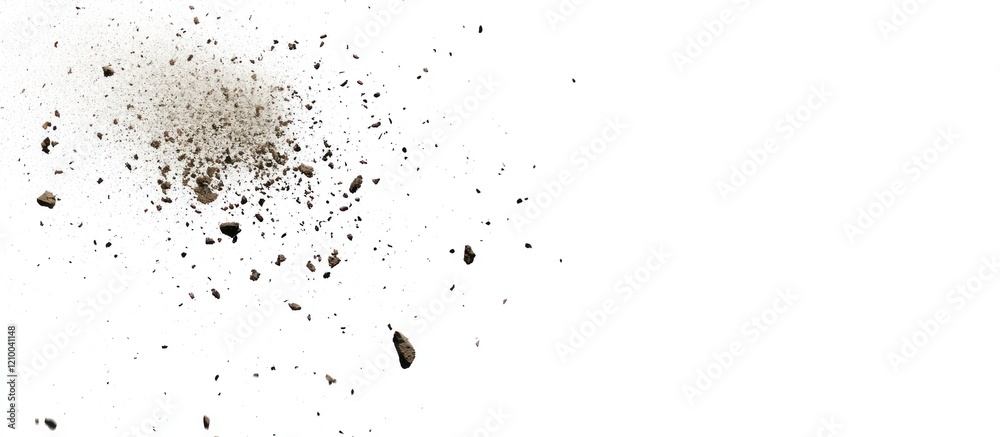 Dirt explosion, white background, debris, design element Dirt explosion, white background, debris, design element