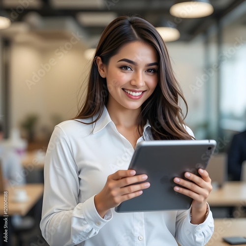 Una nueva empleada hispana en una oficina, sosteniendo una tableta mientras trabaja. Tiene una expresión apasionada y alegre, sonriendo mientras mira la tableta. Lleva una camisa blanca de manga larga