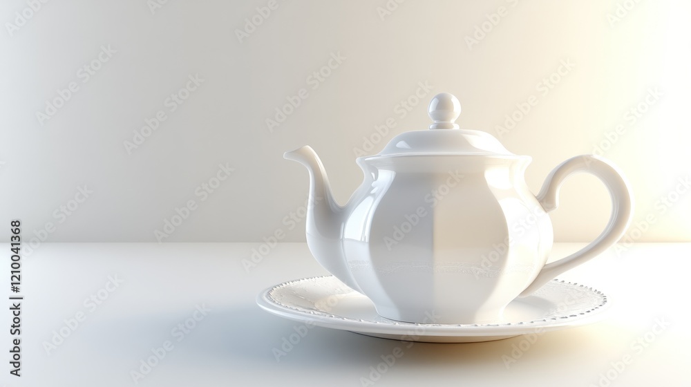 White teapot, saucer, minimalist studio, calm background, tea time White teapot, saucer, minimalist studio, calm background, tea time