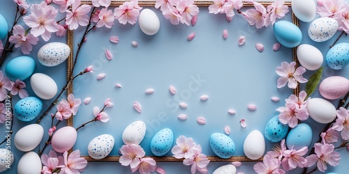 Frame with white and blue speckled easter eggs and cherry blossoms on light blue background. 
