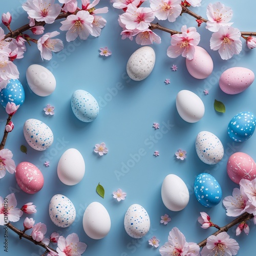 Frame with white and blue speckled easter eggs and cherry blossoms on light blue background. 