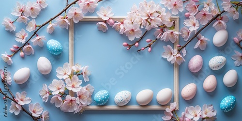 Frame with white and blue speckled easter eggs and cherry blossoms on light blue background. 