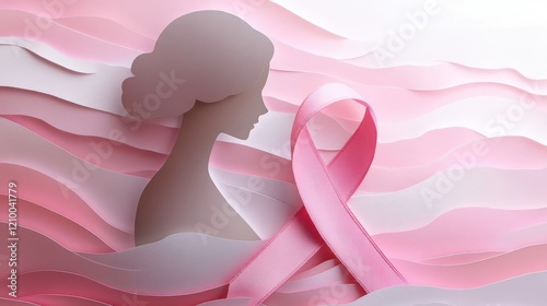 Elegant Pink Ribbon and Woman Silhouette for Breast Cancer Awareness, Paper Cut
