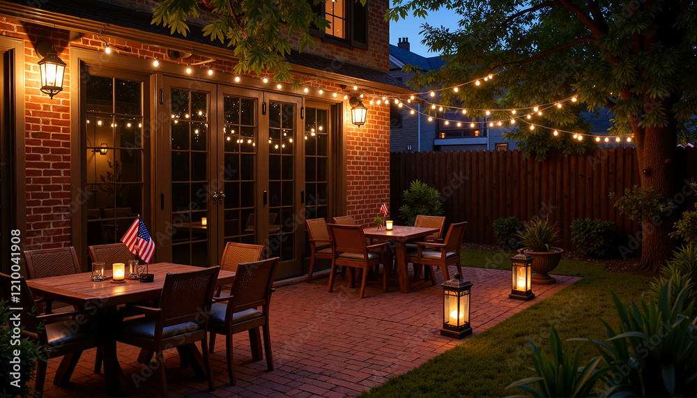 Fototapeta premium Cozy patio with patriotic decorations and warm lighting for Independence Day, copy space