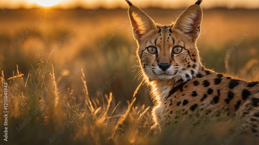 Fototapeta premium A serene serval cat gazes into the distance amidst golden grass at sunset.
