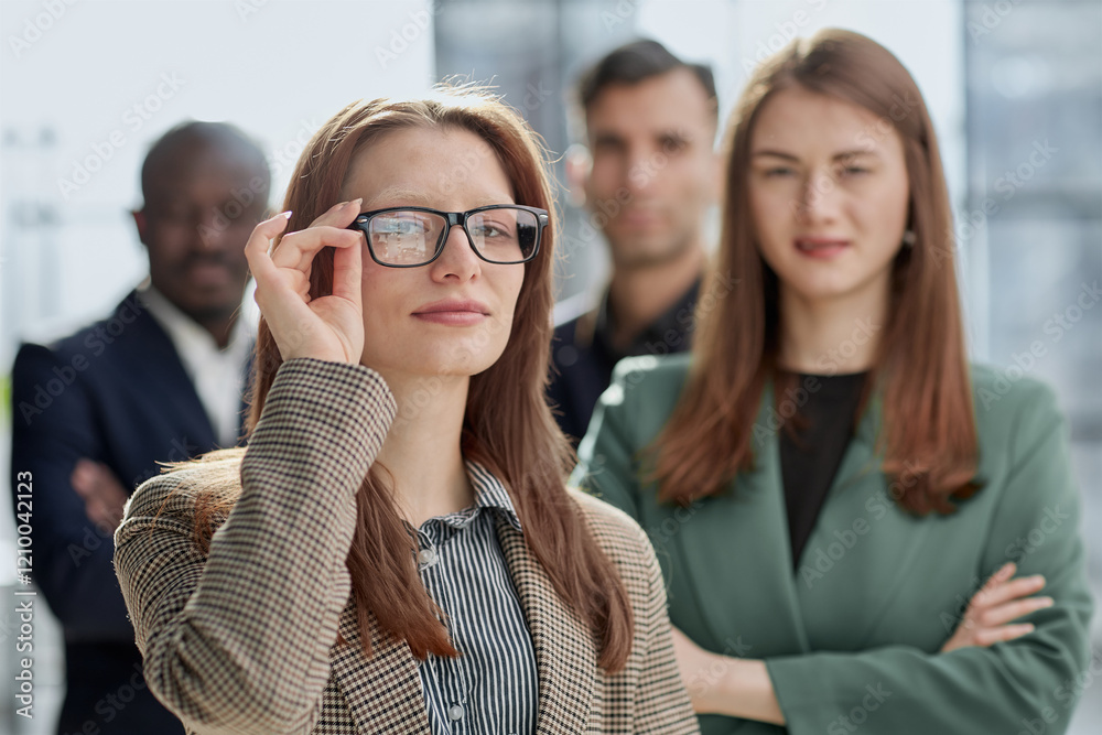 Obraz premium businesswoman in formal wear adjusting her glasses looking at the camera while standing in the office instead of with colleagues